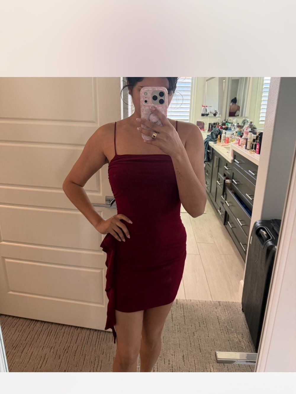 Women’s Burgundy Bodycon Mini Dress with Ruffle Detail